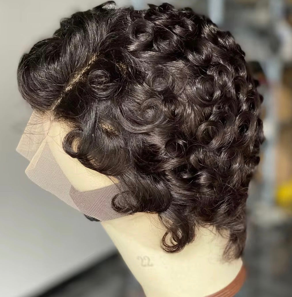 Luxury Curly Pixie Cut Lace Wig – Natural Black Human Hair