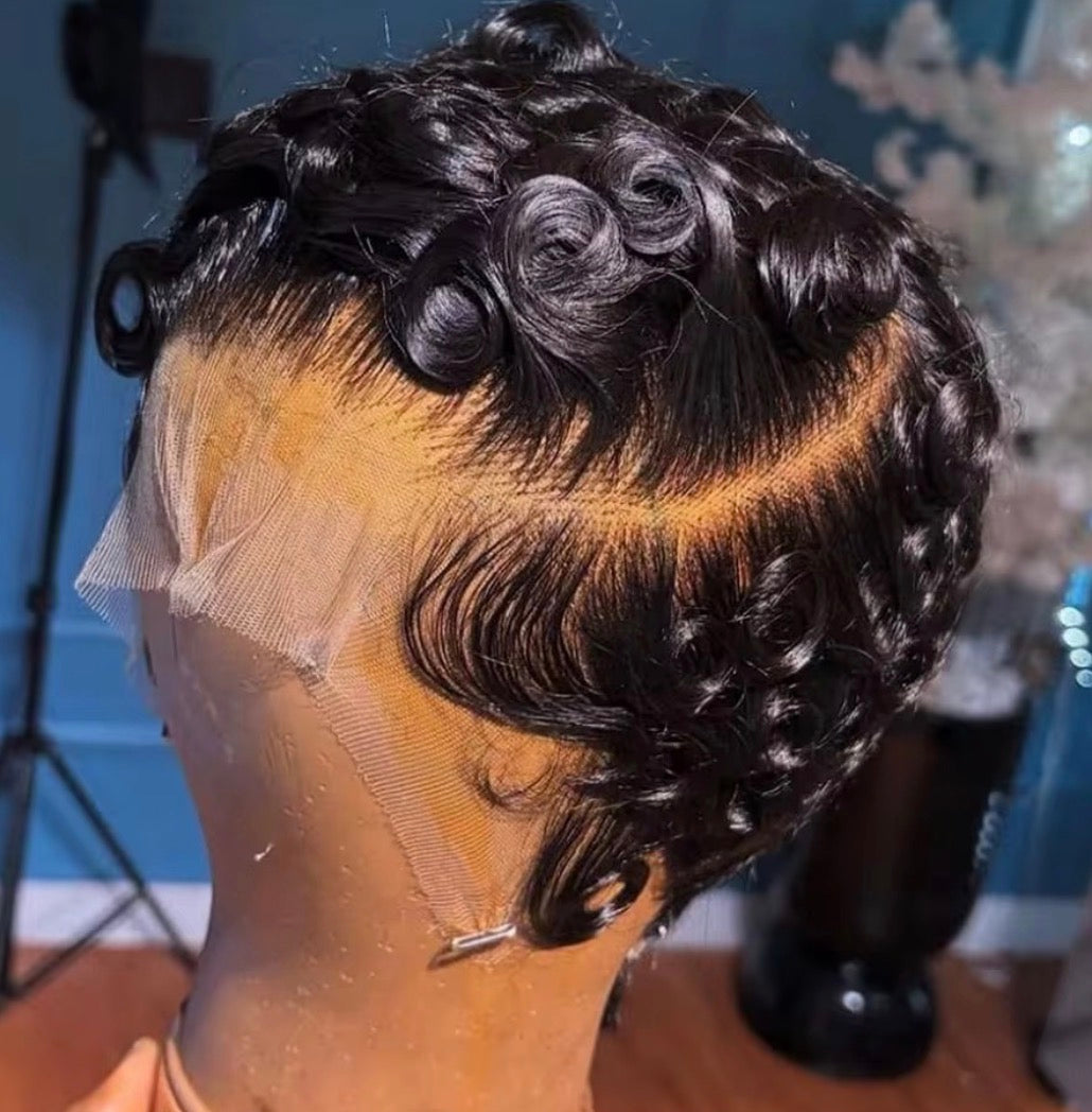 Luxury Curly Pixie Cut Lace Wig – Natural Black Human Hair